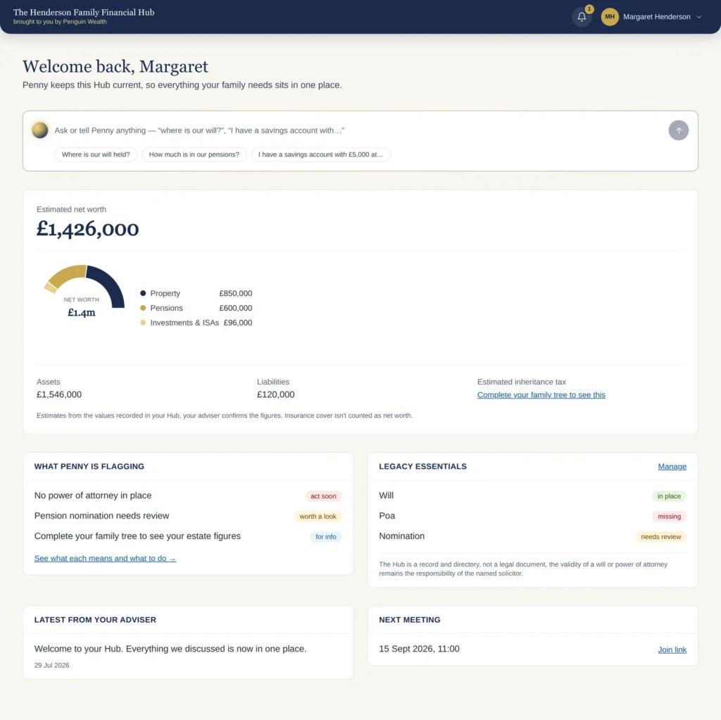 A family's Hub: estimated net worth, what the companion is flagging, legacy essentials and the next meeting