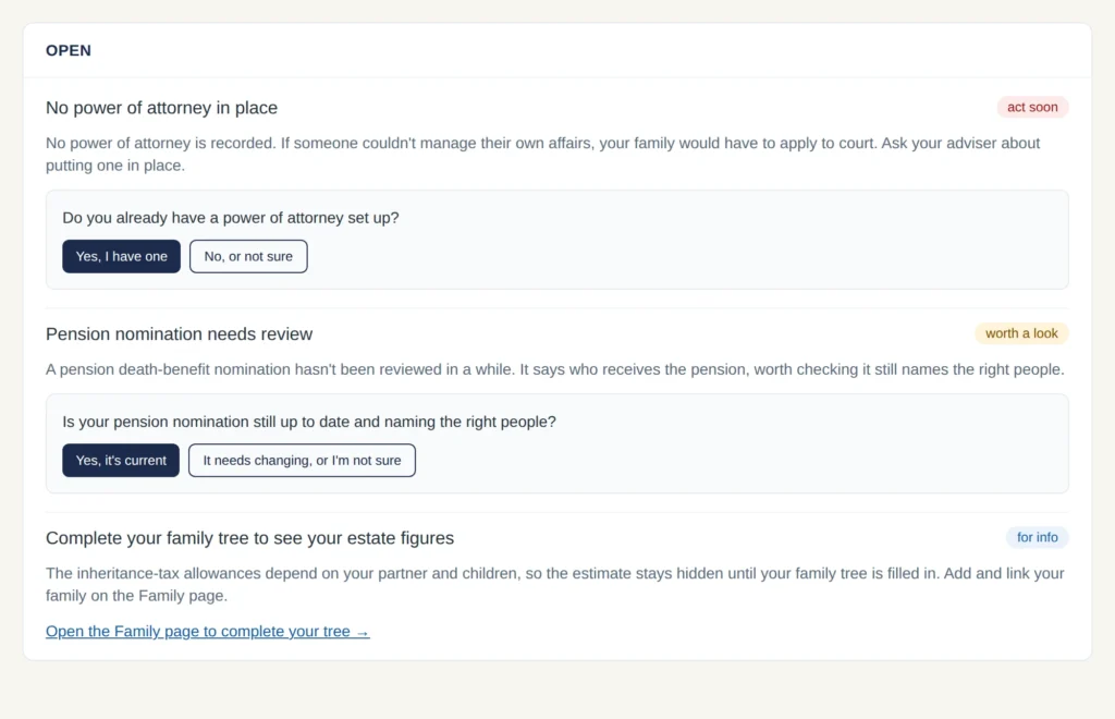 The alerts page showing an open power of attorney gap and a pension nomination needing review
