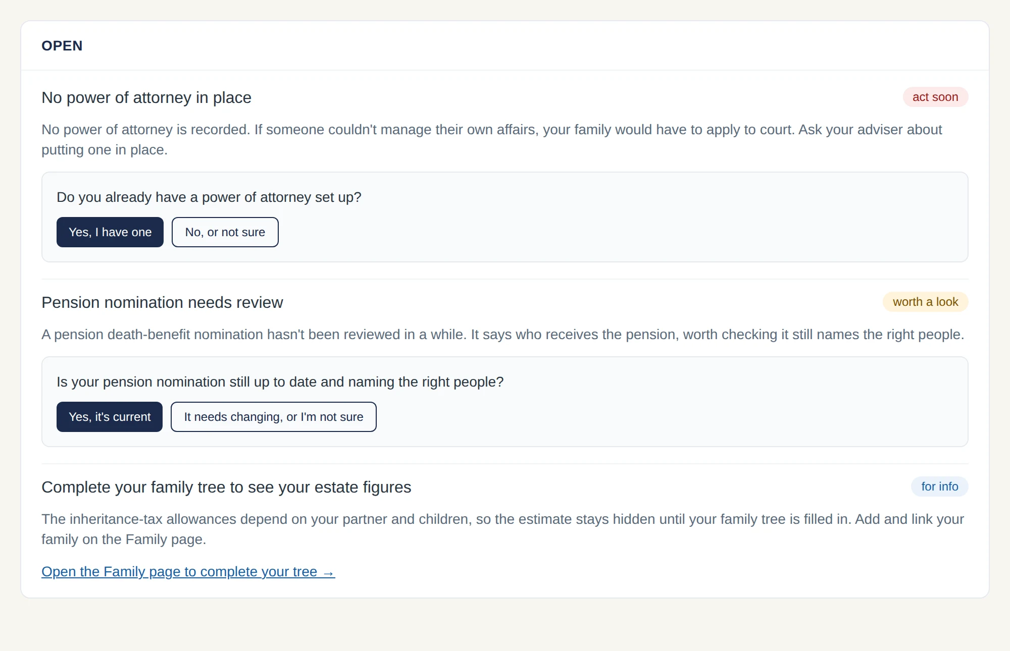 The alerts page showing an open power of attorney gap and a pension nomination needing review