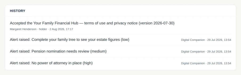 The audit trail page showing a dated history of changes made in the Hub