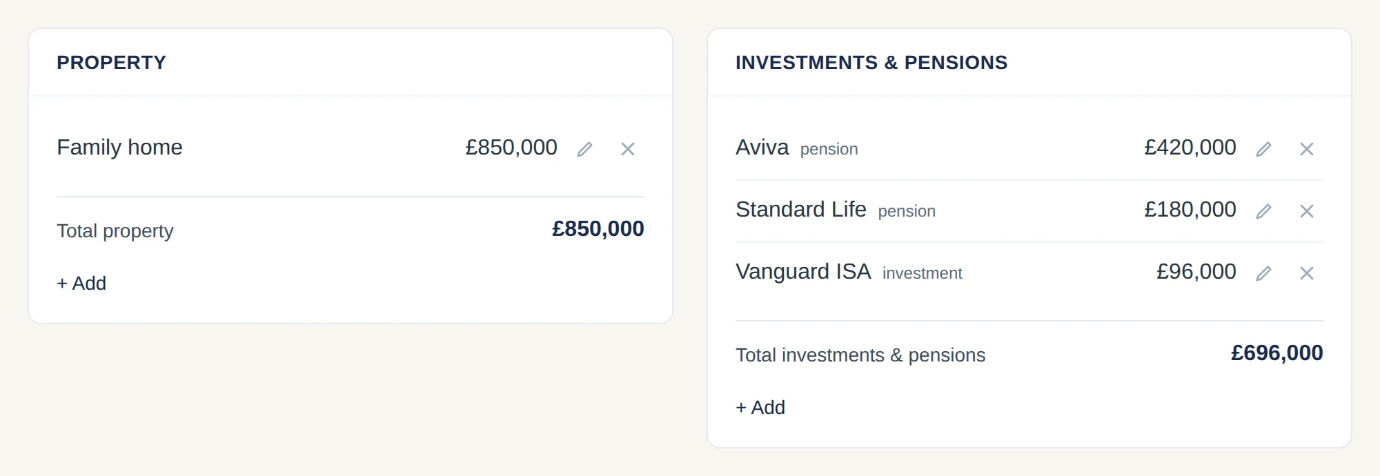 Money and records: property, investments and pensions listed with their providers and values