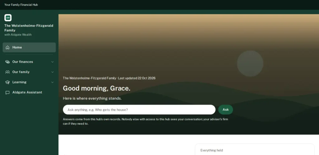 A family's Hub home page with a greeting and an Ask box
