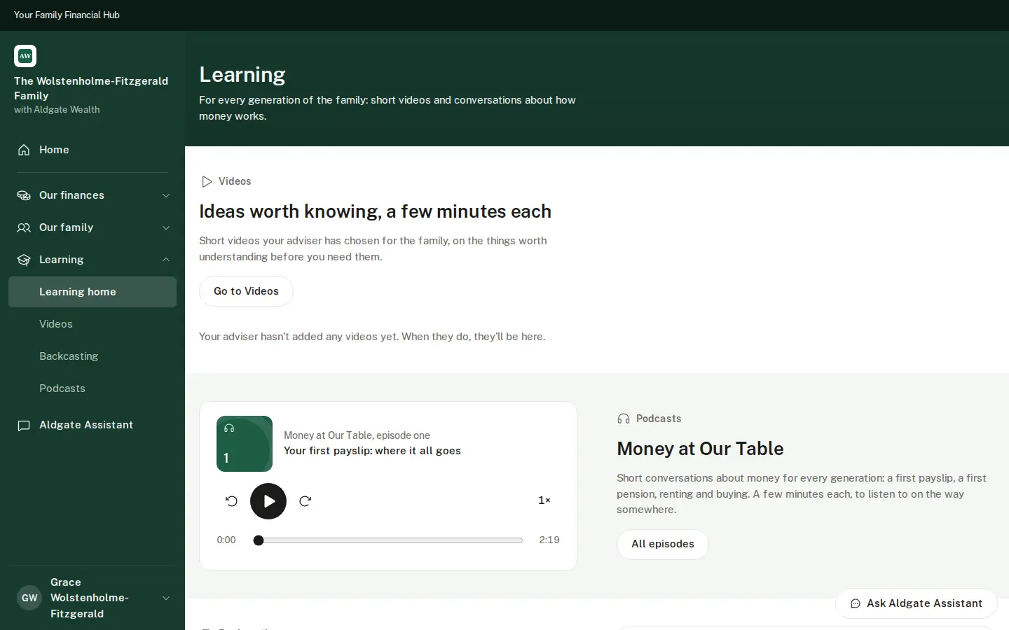 The Learning section, with short videos and the Money at Our Table podcast