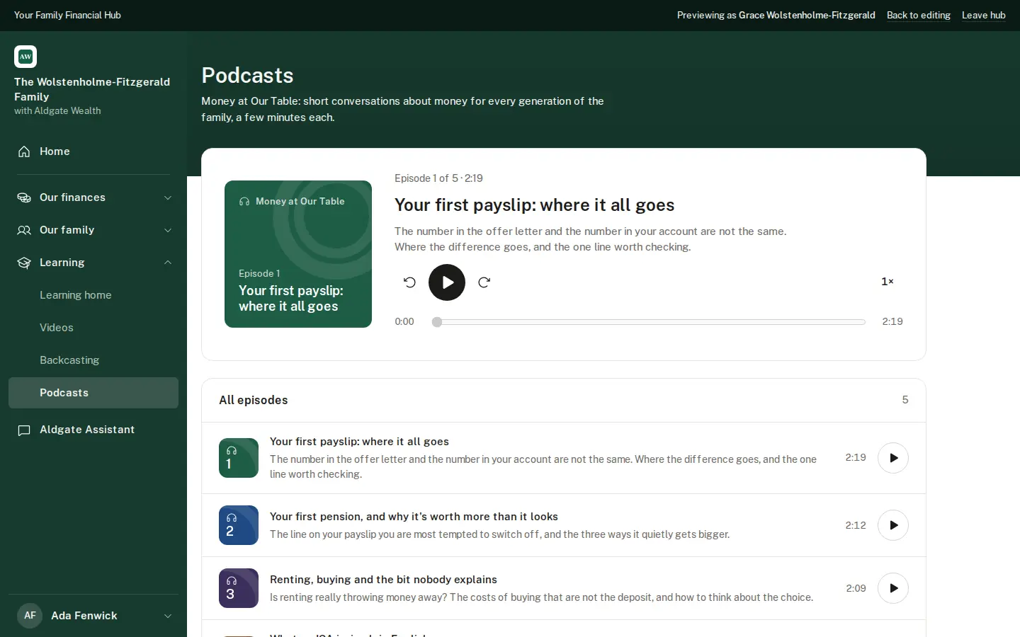 The podcast player inside a family's Hub
